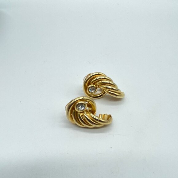Vintage Rhinestone Tube Knot Gold Tone Swirl Clip on Earrings - Picture 5 of 9